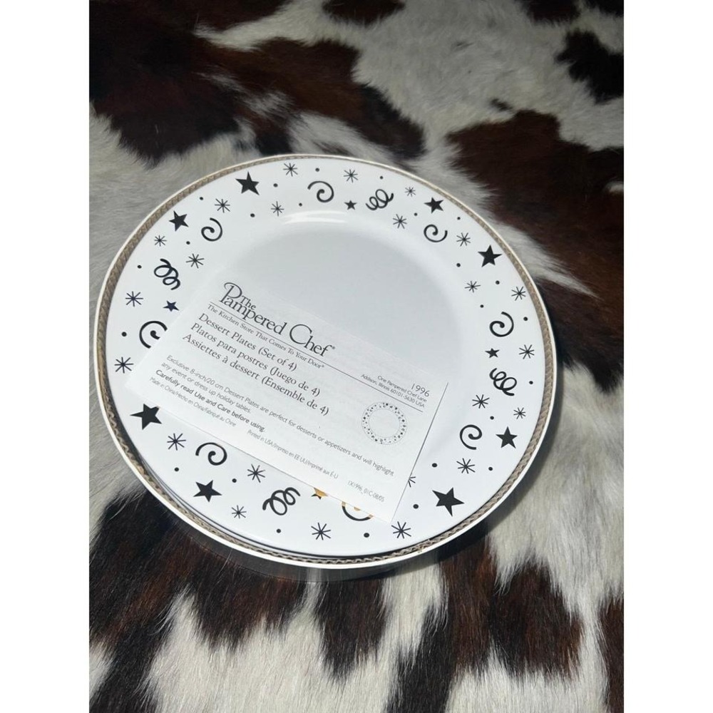 The‎ Pampered Chef Dessert Plates Set of 4 White Black Gold Stars Excellent 8in